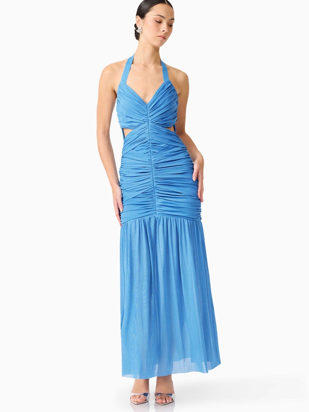 ELLIATT Elena Sleeveless Ruched Halter Gown in Blue Size S NWT - Picture 3 of 8